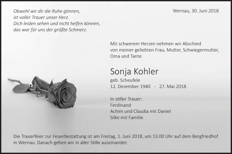  Traueranzeige für Sonja Kohler vom 30.05.2018 aus Eßlinger Zeitung/Cannstatter Zeitung