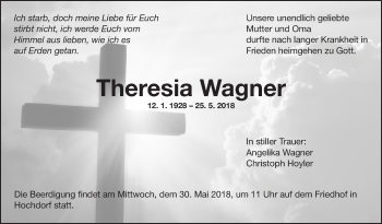 Traueranzeige von Theresia Wagner von Eßlinger Zeitung/Cannstatter Zeitung