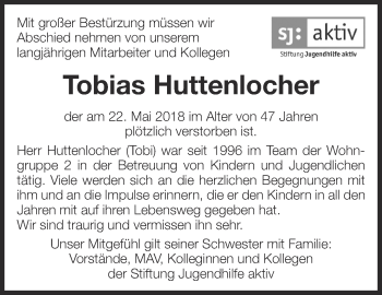 Traueranzeige von Tobias Huttenlocher von Eßlinger Zeitung/Cannstatter Zeitung