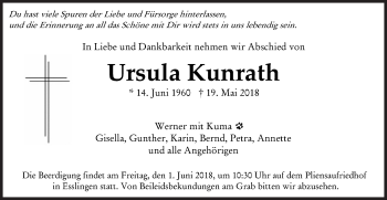 Traueranzeige von Ursula Kunrath von Eßlinger Zeitung/Cannstatter Zeitung
