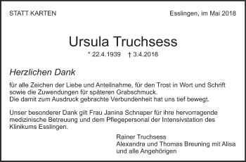 Traueranzeige von Ursula Truchsess von Eßlinger Zeitung/Cannstatter Zeitung