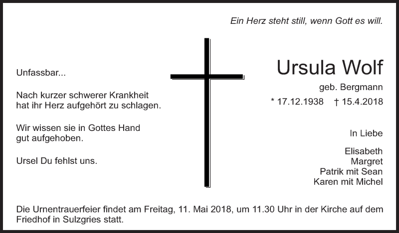  Traueranzeige für Ursula Wolf vom 09.05.2018 aus Eßlinger Zeitung/Cannstatter Zeitung
