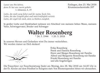 Traueranzeige von Walter Rosenberg von Eßlinger Zeitung/Cannstatter Zeitung