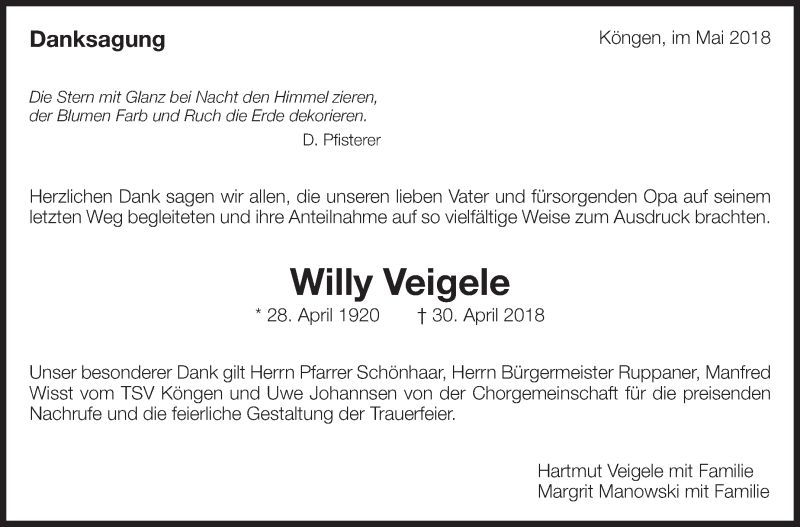  Traueranzeige für Willy Veigele vom 19.05.2018 aus Eßlinger Zeitung/Cannstatter Zeitung