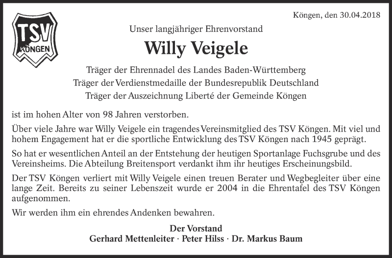  Traueranzeige für Willy Veigele vom 03.05.2018 aus Eßlinger Zeitung/Cannstatter Zeitung