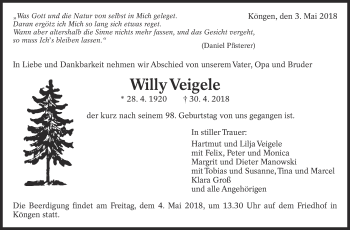 Traueranzeige von Willy Veigele von Eßlinger Zeitung/Cannstatter Zeitung