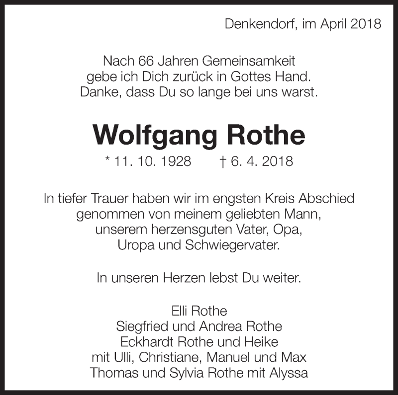  Traueranzeige für Wolfgang Rothe vom 02.05.2018 aus Eßlinger Zeitung/Cannstatter Zeitung