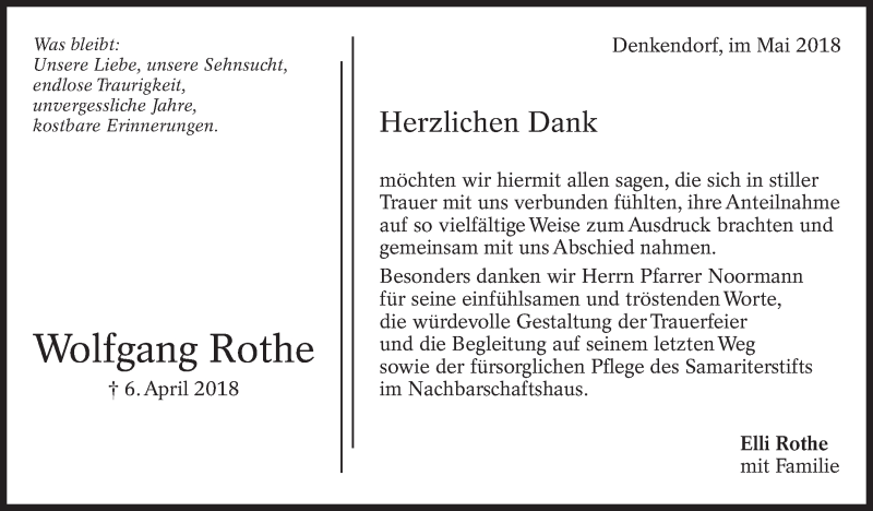  Traueranzeige für Wolfgang Rothe vom 12.05.2018 aus Eßlinger Zeitung/Cannstatter Zeitung