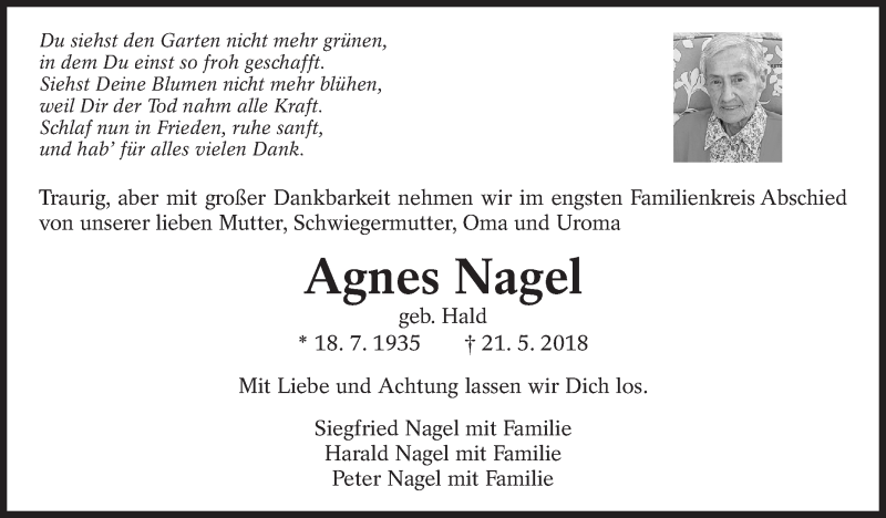  Traueranzeige für Agnes Nagel vom 16.06.2018 aus Eßlinger Zeitung/Cannstatter Zeitung