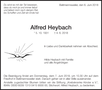 Traueranzeige von Alfred Heybach von Eßlinger Zeitung/Cannstatter Zeitung