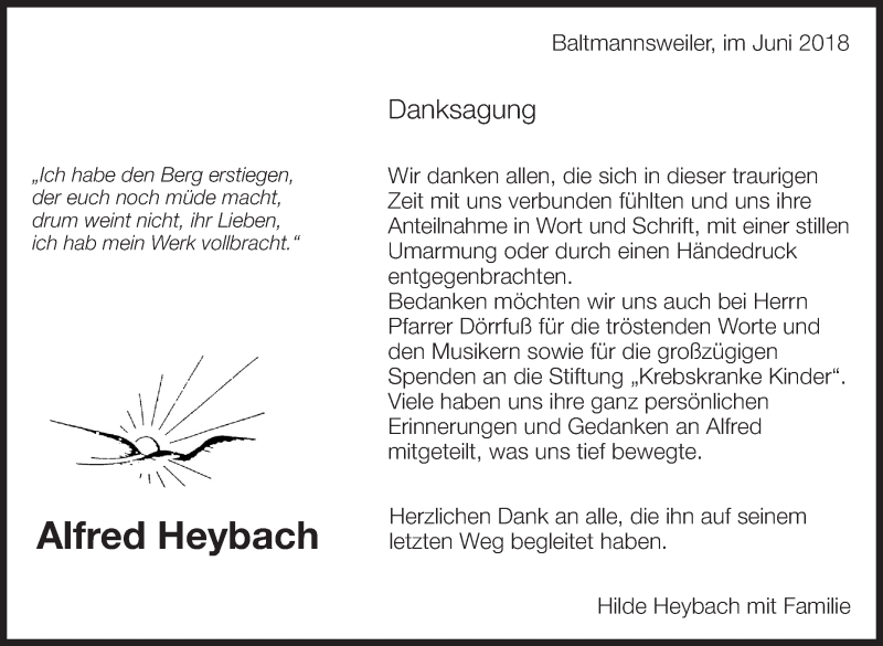  Traueranzeige für Alfred Heybach vom 16.06.2018 aus Eßlinger Zeitung/Cannstatter Zeitung
