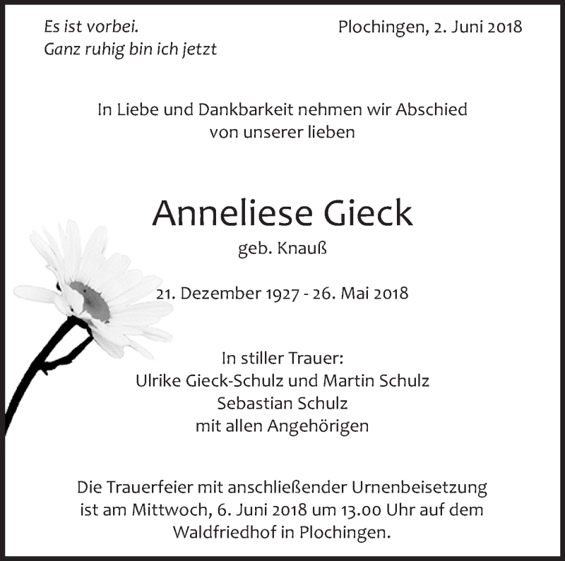  Traueranzeige für Anneliese Gieck vom 02.06.2018 aus Eßlinger Zeitung/Cannstatter Zeitung