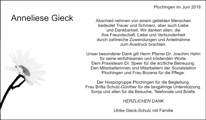  Traueranzeige für Anneliese Gieck vom 26.06.2018 aus Eßlinger Zeitung/Cannstatter Zeitung