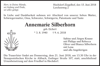 Traueranzeige von Annemarie Silberhorn von Eßlinger Zeitung/Cannstatter Zeitung