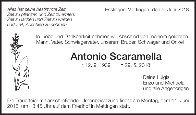  Traueranzeige für Antonio Scaramella vom 05.06.2018 aus Eßlinger Zeitung/Cannstatter Zeitung