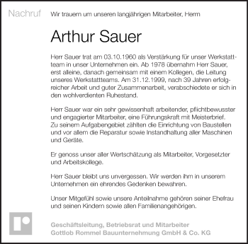 Traueranzeige von Arthur Sauer von Eßlinger Zeitung/Cannstatter Zeitung