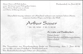 Traueranzeige von Arthur Sauer von Eßlinger Zeitung/Cannstatter Zeitung