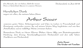Traueranzeige von Arthur Sauer von Eßlinger Zeitung/Cannstatter Zeitung