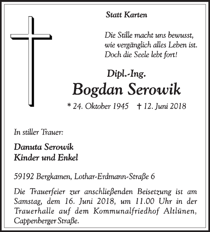  Traueranzeige für Bogdan Serowik vom 15.06.2018 aus Eßlinger Zeitung/Cannstatter Zeitung