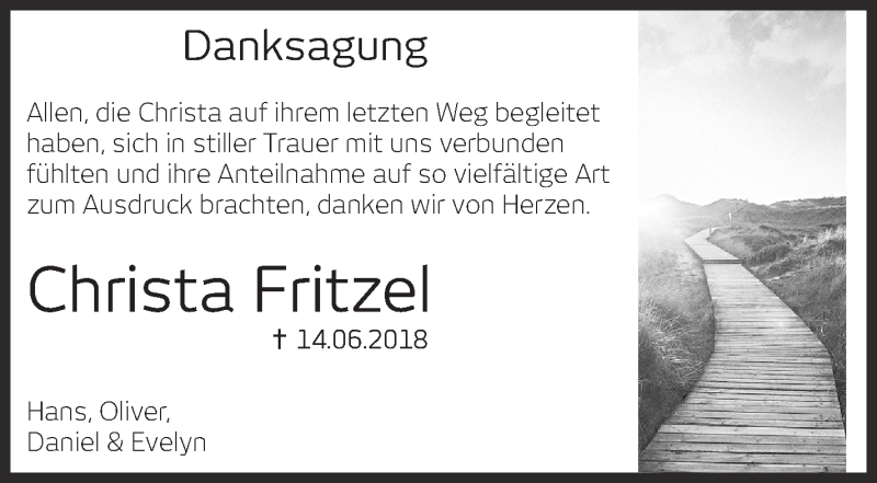  Traueranzeige für Christa Fritzel vom 30.06.2018 aus Eßlinger Zeitung/Cannstatter Zeitung