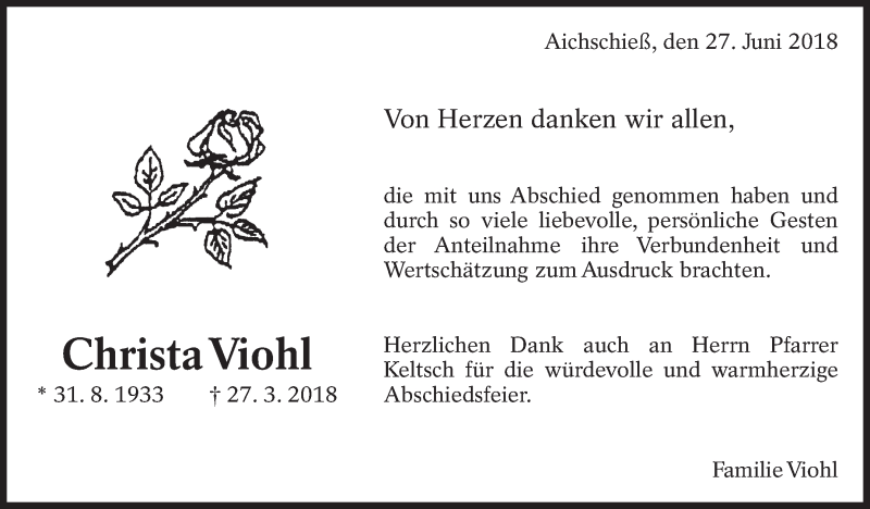  Traueranzeige für Christa Viohl vom 27.06.2018 aus Eßlinger Zeitung/Cannstatter Zeitung