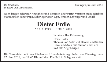 Traueranzeige von Dieter Erdle von Eßlinger Zeitung/Cannstatter Zeitung