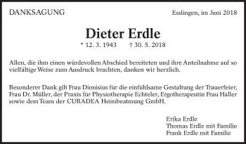 Traueranzeige von Dieter Erdle von Eßlinger Zeitung/Cannstatter Zeitung