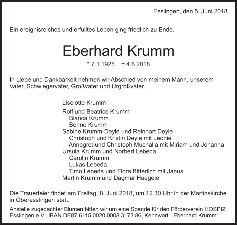  Traueranzeige für Eberhard Krumm vom 05.06.2018 aus Eßlinger Zeitung/Cannstatter Zeitung