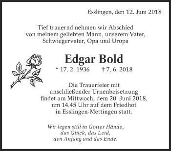 Traueranzeige von Edgar Bold von Eßlinger Zeitung/Cannstatter Zeitung