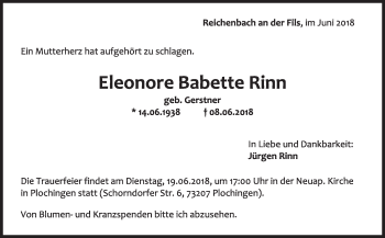 Traueranzeige von Eleonore Babette Rinn von Eßlinger Zeitung/Cannstatter Zeitung