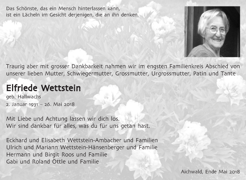  Traueranzeige für Elfriede Wettstein vom 02.06.2018 aus Eßlinger Zeitung/Cannstatter Zeitung