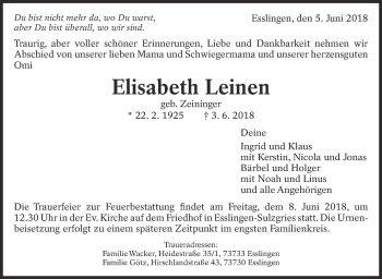 Traueranzeige von Elisabeth Leinen von Eßlinger Zeitung/Cannstatter Zeitung