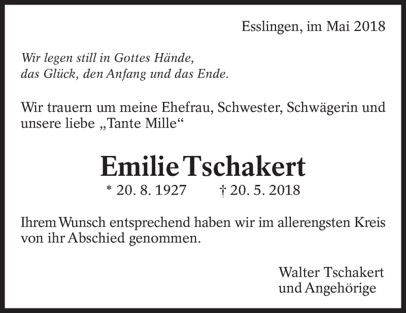  Traueranzeige für Emilie Tschakert vom 08.06.2018 aus Eßlinger Zeitung/Cannstatter Zeitung