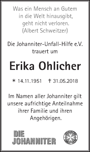 Traueranzeige von Erika Ohlicher von Eßlinger Zeitung/Cannstatter Zeitung