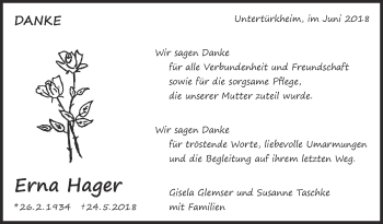 Traueranzeige von Erna Hager von Eßlinger Zeitung/Cannstatter Zeitung