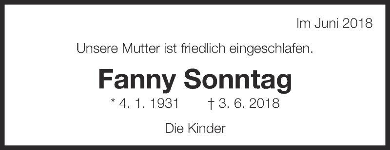  Traueranzeige für Fanny Sonntag vom 29.06.2018 aus Eßlinger Zeitung/Cannstatter Zeitung