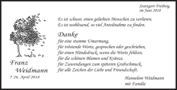 Traueranzeige von Franz Weidmann von Eßlinger Zeitung/Cannstatter Zeitung