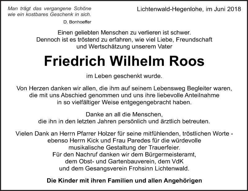  Traueranzeige für Friedrich Wilhelm Roos vom 16.06.2018 aus Eßlinger Zeitung/Cannstatter Zeitung