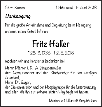 Traueranzeige von Fritz Haller von Eßlinger Zeitung/Cannstatter Zeitung
