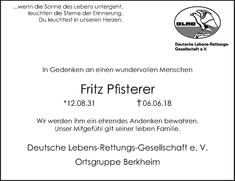  Traueranzeige für Fritz Pfisterer vom 16.06.2018 aus Eßlinger Zeitung/Cannstatter Zeitung