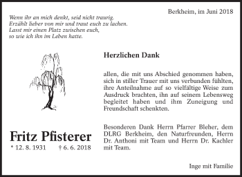 Traueranzeige von Fritz Pfisterer von Eßlinger Zeitung/Cannstatter Zeitung