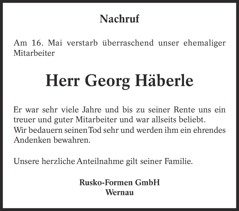  Traueranzeige für Georg Häberle vom 02.06.2018 aus Eßlinger Zeitung/Cannstatter Zeitung