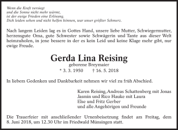 Traueranzeige von Gerda Lina Reising von Eßlinger Zeitung/Cannstatter Zeitung
