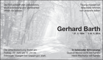 Traueranzeige von Gerhard Barth von Eßlinger Zeitung/Cannstatter Zeitung