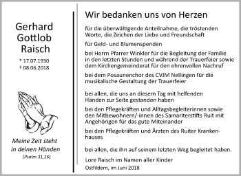 Traueranzeige von Gerhard Gottlob Raisch von Eßlinger Zeitung/Cannstatter Zeitung