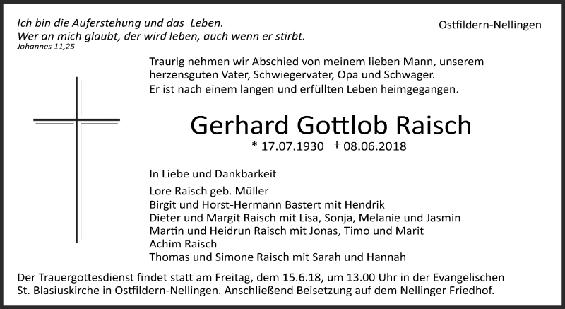 Traueranzeige für Gerhard Gottlob Raisch vom 11.06.2018 aus Eßlinger Zeitung/Cannstatter Zeitung