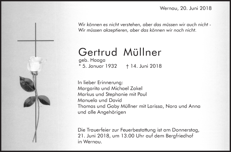  Traueranzeige für Gertrud Müllner vom 20.06.2018 aus Eßlinger Zeitung/Cannstatter Zeitung