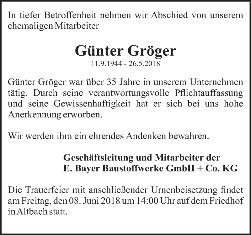  Traueranzeige für Günter Gröger vom 06.06.2018 aus Eßlinger Zeitung/Cannstatter Zeitung