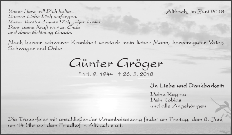  Traueranzeige für Günter Gröger vom 04.06.2018 aus Eßlinger Zeitung/Cannstatter Zeitung