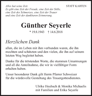 Traueranzeige von Günther Seyerle von Eßlinger Zeitung/Cannstatter Zeitung
